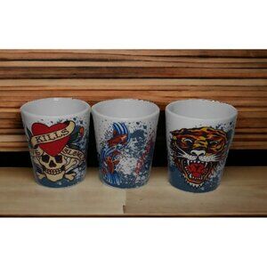 3 Ed Hardy Skull Fish Tiger Shot Glasses  LOVE KILLS SLOWLY  2 oz Each